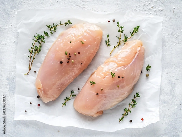 Fototapeta Two raw chicken fillets on white paper with thyme, top view. Fresh meat for cooking and a healthy food concept.