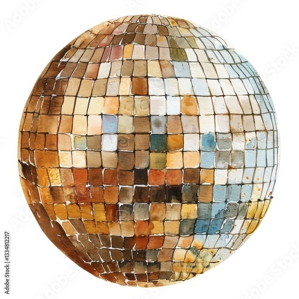 Fototapeta Hand painted watercolor illustration of a vintage disco ball with earthy tones and reflective surfaces isolated against a white background, evoking a retro party atmosphere