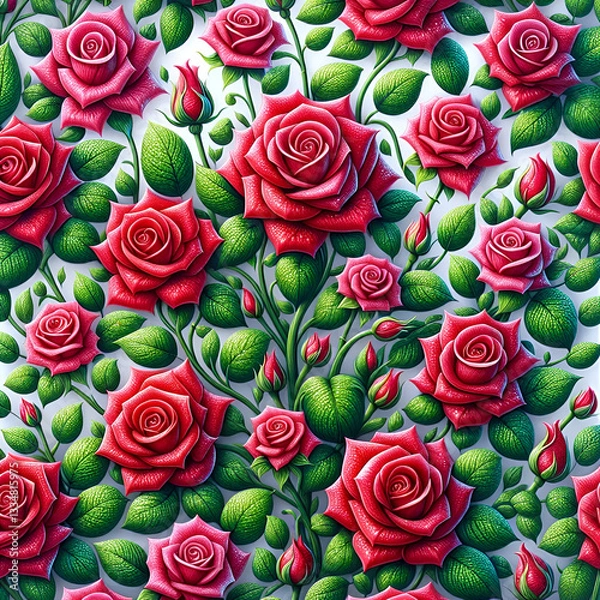 Fototapeta Red roses with green leaves Pattern.