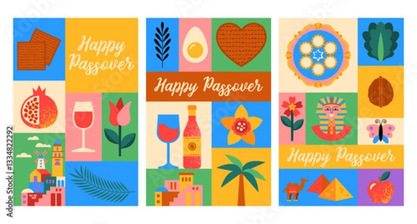 Fototapeta Passover Pesach holiday banner design set with modern geometrical shapes and symbols. Greeting card, poster or party invitation template background