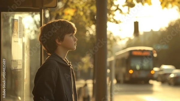 Obraz Young Boy Waiting at City Bus Stop During Golden Hour Light