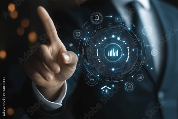 Fototapeta Businessman touching icon and conducting a comprehensive business assessment, evaluating key performance metrics and strategic opportunities