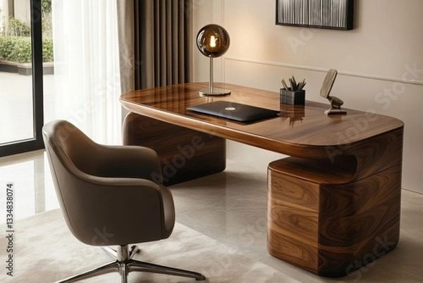Fototapeta A Sophisticated Walnut Desk, Seamlessly Blending Modern Design With Classic Elegance, Bathed In Soft, Natural Light, Creating A Serene Workspace