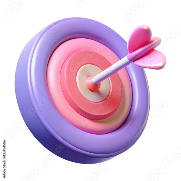 Fototapeta A Perfectly Aimed Arrow Striking The Bullseye Of A Pastel Pink And Purple Target, Symbolizing Achievement And Success With A 3d Rendered Style Isolated on Transparent Background