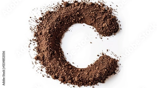 Fototapeta Letter C formed with rich, dark brown soil, isolated on a clean white background, representing nature and earth.