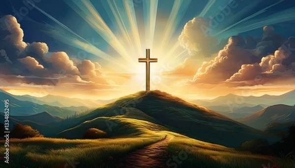 Fototapeta A serene digital landscape with a simple cross atop a gentle hill, light breaking through clouds, casting soft rays over peaceful surroundings at dawn.
