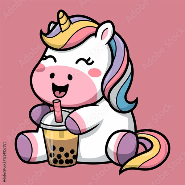 Obraz Cute Baby Unicorn Cartoon Vector Icon Illustration. Animal Nature Icon Concept Isolated Premium Vector. Flat Cartoon Style.A drawing of a unicorn with a rainbow on its tail