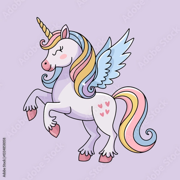 Obraz Cute Baby Unicorn Cartoon Vector Icon Illustration. Animal Nature Icon Concept Isolated Premium Vector. Flat Cartoon Style.A drawing of a unicorn with a rainbow on its tail