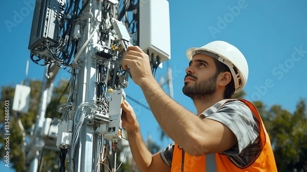 Obraz Technician repairing cell tower.