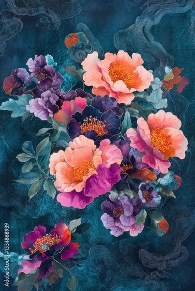 Fototapeta A chic studio backdrop showcasing a floral seas design with vibrant, cascading blooms and fluid, sea-like patterns in rich, complementary hues.