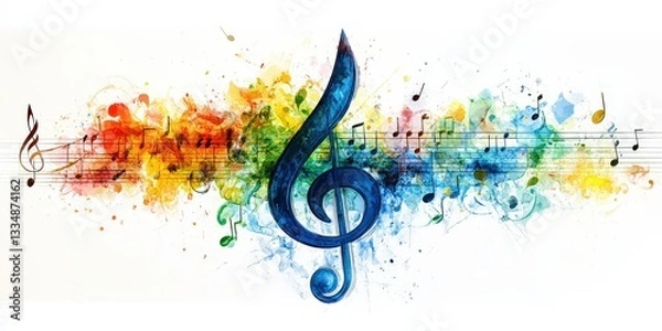 Obraz Dynamic watercolor treble clef bursts with vibrant blues, greens, yellows, and reds against a clean white background. A splash of musical artistry