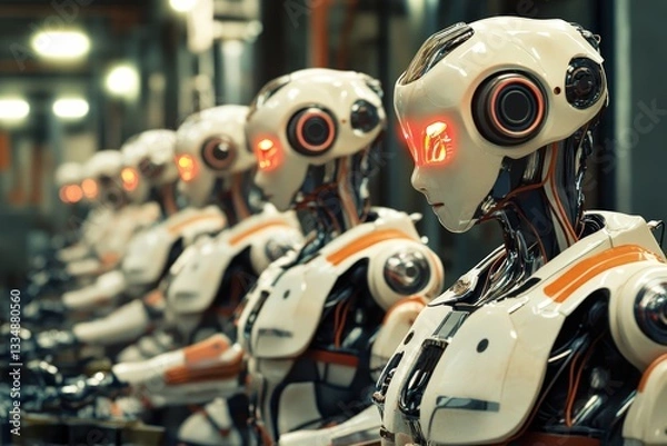 Obraz Robots Collaborating Efficiently in a Modern Factory Setting During a Busy Production Shift