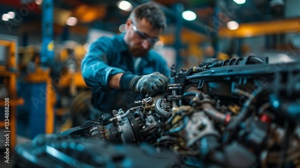 Fototapeta Professional car mechanic wearing safety glasses and gloves meticulously repairing a complex engine in a workshop environment, ensuring optimal vehicle performance