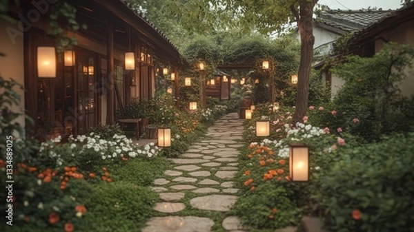 Fototapeta Serene Stone Path with Lit Lanterns and Blossoming Flowers at Dusk