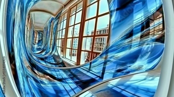 Fototapeta Abstract Architectural Design: A Mesmerizing Building with Dynamic Lines and Blue Tones