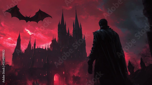 Obraz A vampire standing in front of a gothic castle with a full moon in the background