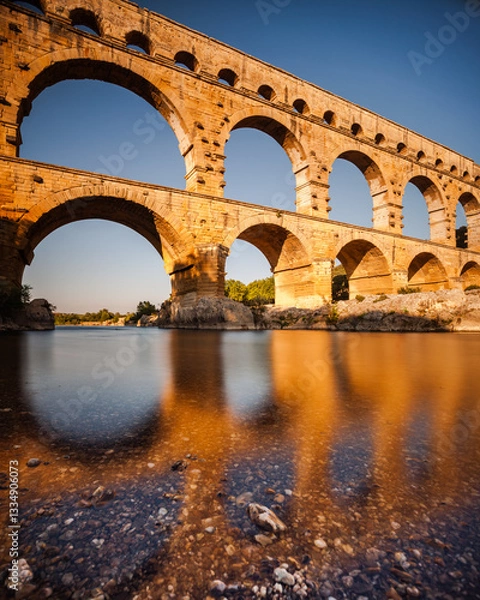 Obraz Pont du Gard, ancient Roman aqueduct bridge, Provence late afternoon golden light on arches mirroring in river, Gorges du Gardon, natural landscape designated Biosphere Reserve by UNESCO, France