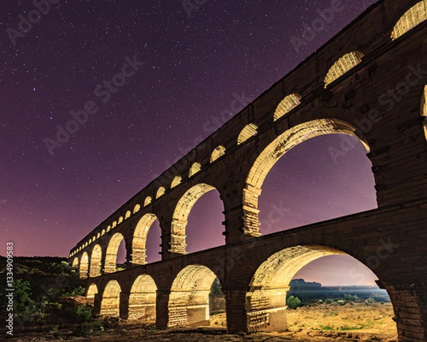 Obraz Pont du Gard, ancient Roman aqueduct bridge, colorful projection mapping video show, under Provence starry night sky, Gorges du Gardon, natural landscape designated Biosphere Reserve by UNESCO, France