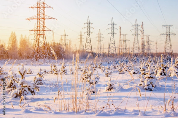 Obraz Linie energetyczne wysokiego napięcia zimą. Krajobraz zimowy.