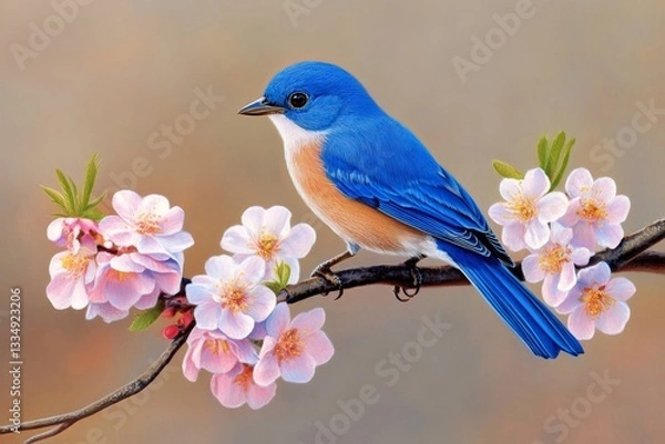 Fototapeta Bluebird on Spring Blossom Branch - A vibrant bluebird rests on a branch adorned with delicate pink blossoms, symbolizing serenity, new beginnings, beauty, freedom, and hope
