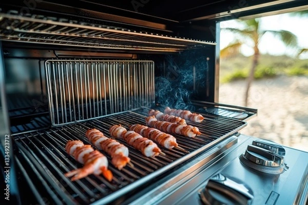 Fototapeta Bacon-wrapped shrimp skewers on a grill, amidst beach vibes, showcasing a culinary fusion of smoky flavors with a tropical backdrop, perfect for a gourmet feast.