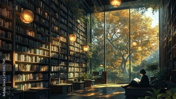 Fototapeta A quiet library with rows of bookshelves, soft lighting, and a person reading a book by the window.