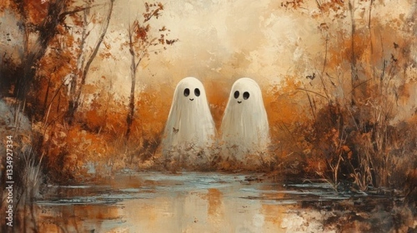 Fototapeta Two friendly white ghosts peacefully standing in a tranquil autumn forest reflecting in the calm water of a small river, painted with oil paint texture