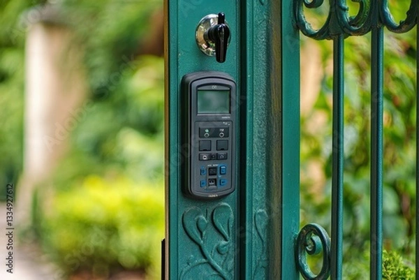 Fototapeta A green iron gate features a video intercom with a microphone and key card access shown up close and empty