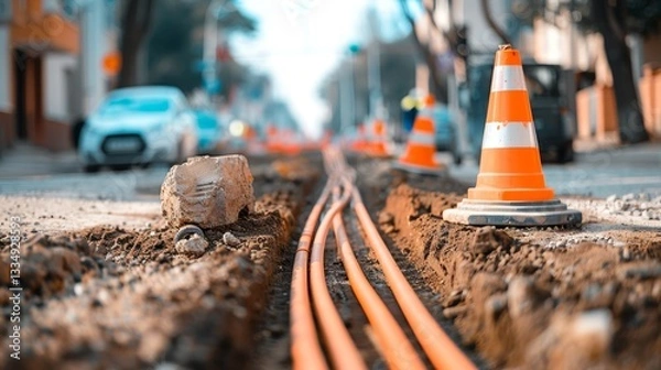 Fototapeta Underground fiber optic cable installation with orange conduits running through the excavated trench in an urban setting for enhanced connectivity
