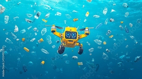 Fototapeta A colorful underwater robot swims through ocean pollution, highlighting the impact of plastic waste on marine life.