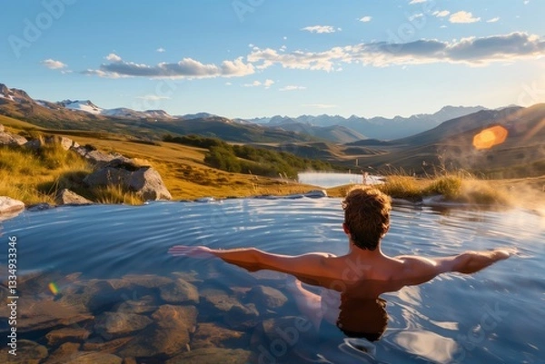 Fototapeta Back view of person swimming in hot spring among mountains in autumn, copy space. Bathing and relaxing concept, calm, vacation