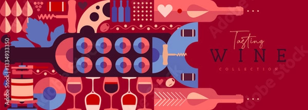 Fototapeta Modern banner or poster with wine bottles and glasses. Restaurant menu design. Wine background. Vector illustration