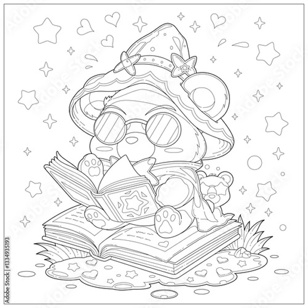 Obraz Fantasy cute bear with hat reading book on top of a book. Learning and education coloring page illustration for adult and children. Vector outline style, black and white drawing for various purposes.
