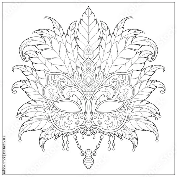 Fototapeta Fantasy masquerade with feather decorative ornament. Learning and education coloring page illustration for adult and children. Vector outline style, black and white drawing for various purposes.
