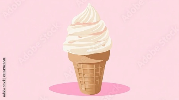 Fototapeta A flat vector illustration of a vanilla ice cream cone with soft beige and white swirls, set against a pink background for a charming and playful aesthetic. 