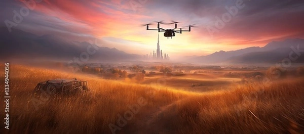 Obraz Drone flying over field toward distant cityscape at sunset