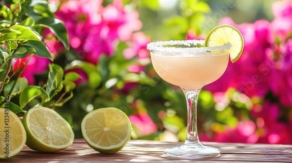 Fototapeta Refreshing Margarita Cocktail with Lime Garnish on Wooden Table Surrounded by Vibrant Bougainvillea Flowers in a Sunny Outdoor Setting