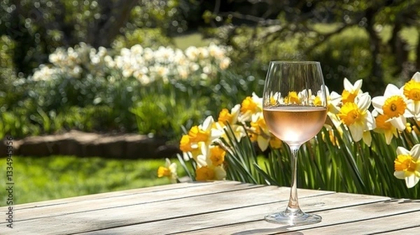 Fototapeta Elegant glass of rosé wine on wooden table with beautiful blooming daffodils in bright spring garden with blurred background, sunny day vibes