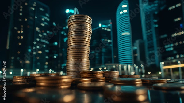 Fototapeta tall stack of coins stands prominently against blurred city skyline at night, symbolizing wealth and prosperity. shimmering lights of skyscrapers create vibrant backdrop