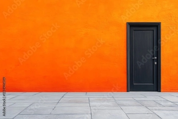 Fototapeta Orange Wall Black Door - A black door stands out against a vibrant orange wall, creating a striking contrast. The scene is simple yet visually appealing
