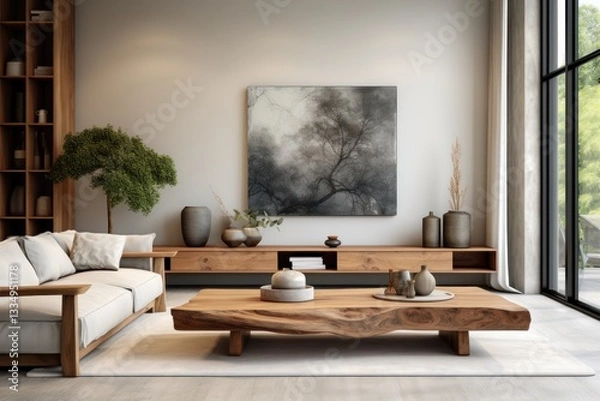 Fototapeta Living Room. Modern Illuminated Living Room Interior, Sleek and Stylish Design with Contemporary Furnishings and Bright Lighting, Home Decor Concept with Copy Space. Real Estate Concept. Hotel Concept