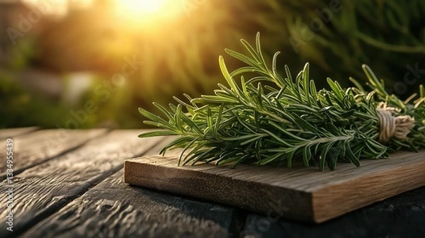 Fototapeta Bunch of fresh rosemary leaves on a wooden cutting board. the leaves are green and appear to be fresh and healthy.