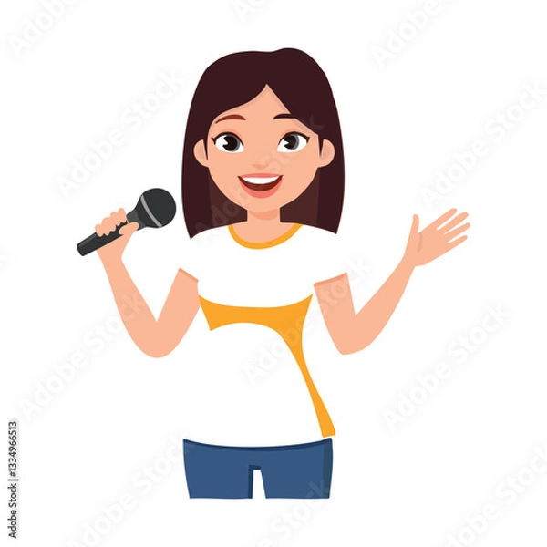 Obraz A girl with a microphone and a young woman singing a song.Flat hand-drawn cartoon character