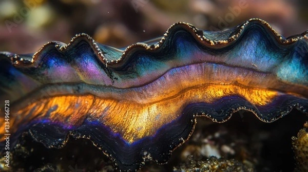 Fototapeta A giant clam showcases its vibrant, iridescent interior as sunlight reflects off its colorful shell, creating a mesmerizing underwater scene