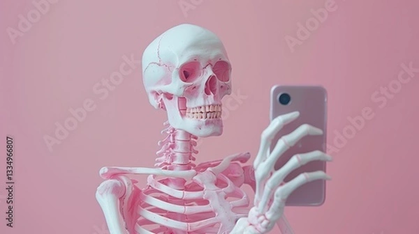 Obraz Pink skeleton taking selfie with smartphone, displaying whimsical tech interaction against bright pink backdrop