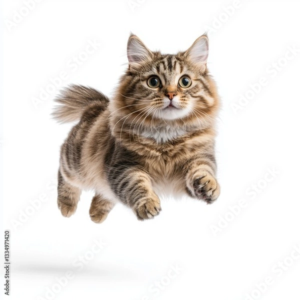 Fototapeta A playful cat leaps joyfully in mid-air, showcasing its agility and playful demeanor against a clean, white background.