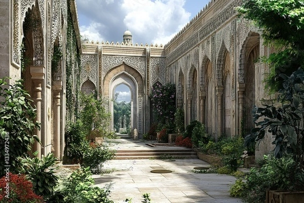 Fototapeta Ornate courtyard with arched architecture lush greenery and sun-drenched paving