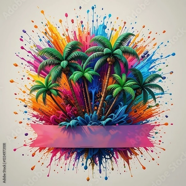 Fototapeta Palm Trees with Colorful Splash and Pink Banner for Your Message