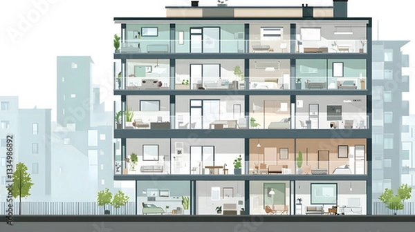 Fototapeta This depicts modern apartment building with multiple floors, showcasing various interior layouts and designs. Each floor features different room arrangements, including living rooms, bedrooms