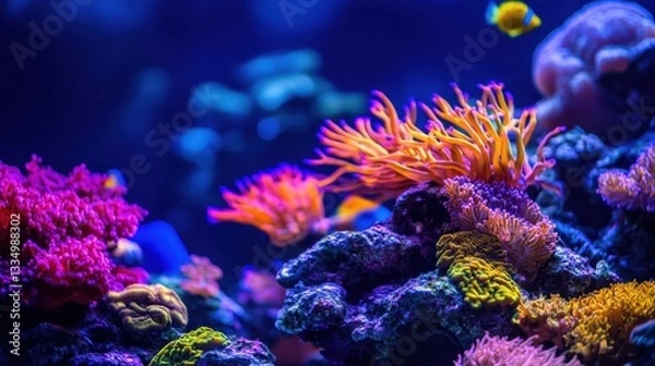 Fototapeta Coral reefs glow vibrantly under UV light at night, showcasing a stunning array of colors and textures in an underwater paradise